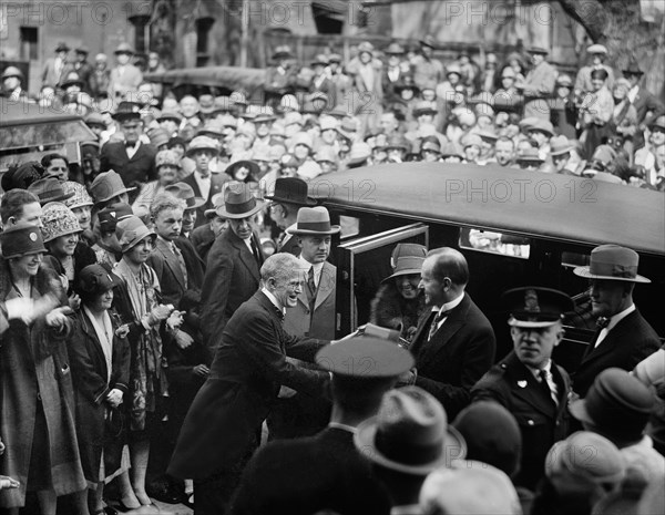 President Calvin Coolidge and his Wife, Grace, Exiting Automobile, Washington DC, USA, Harris & Ewing, April 1927