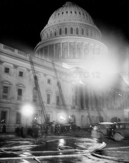 Fire Trucks at U.S. Capitol Building during Fire at Night, Washington DC, USA, Harris & Ewing, January 1930