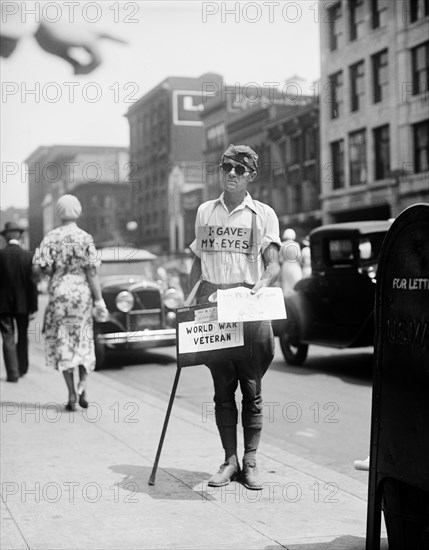 Blind World War I Veteran Selling Newspapers on Sidewalk, Washington DC, USA, 1933