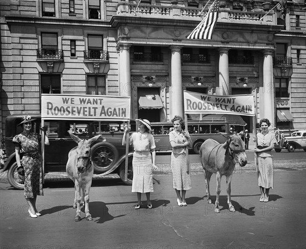 Group of Women Holding Signs "We Want Roosevelt Again" while Walking with Donkeys, Harris & Ewing, 1936