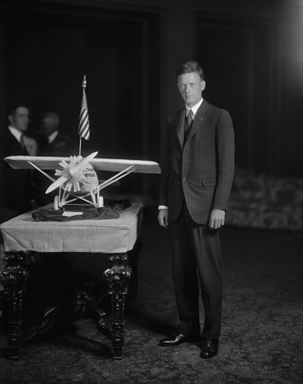 Charles Lindbergh with Model Airplane, Washington DC, USA, Harris & Ewing, June 1927