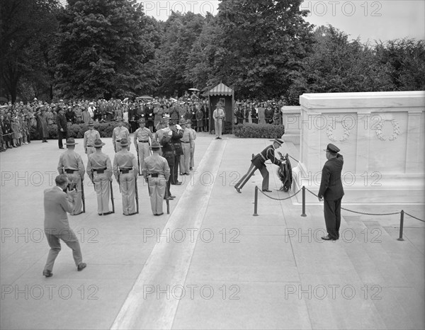 President Franklin Roosevelt's Wreath being Placed by Major Horace B. Smith at Tomb of Unknown Soldier on Memorial Day, Arlington National Cemetery, Arlington, Virginia, USA, Harris & Ewing, May 30, 1940