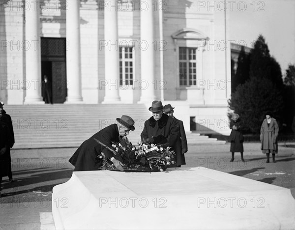 Georges Clemenceau Placing Wreath on tomb of the Unknown Soldier, Arlington National Cemetery, Arlington, Virginia, USA, Harris & Ewing, December 6, 1922