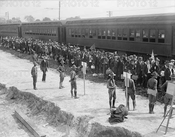 Arrival of Drafted Men, Camp Meade #1, Maryland, USA, Harris & Ewing, 1917