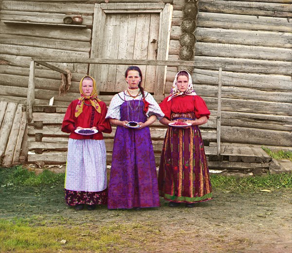 Three Peasant Girls Standing in Front of Rural House, near Kirillov, Russia, Prokudin-Gorskii Collection, 1909