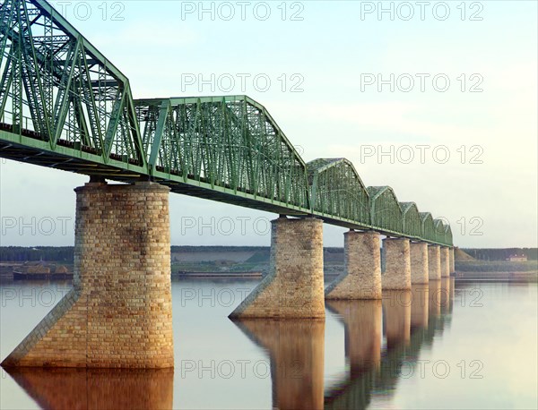 Metal Truss Bridge on Stone Piers, Trans-Siberian Railway, Kama River near Perm, Russian Empire, Prokudin-Gorskii Collection, 1910