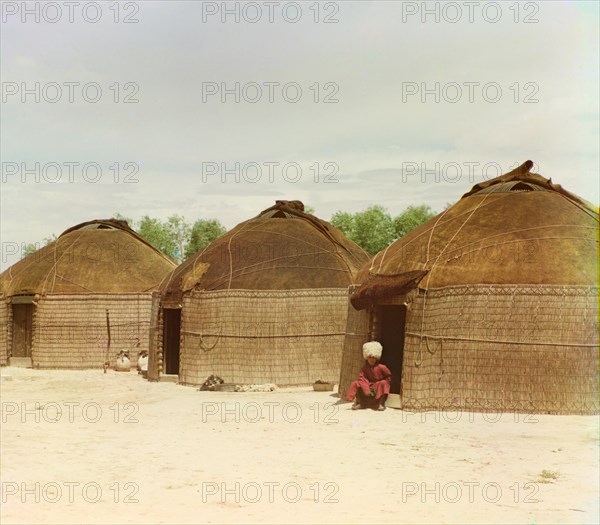 Portrait of Seated Man and Three Tekin Yurts, Bairam-Ali area, Turkmenistan, Russian Empire, Prokudin-Gorskii Collection, 1910