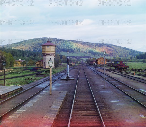 View from the rear platform of the Simskaia Station of the Samara-Zlatoust Railway, Prokudin-Gorskii Collection, 1909