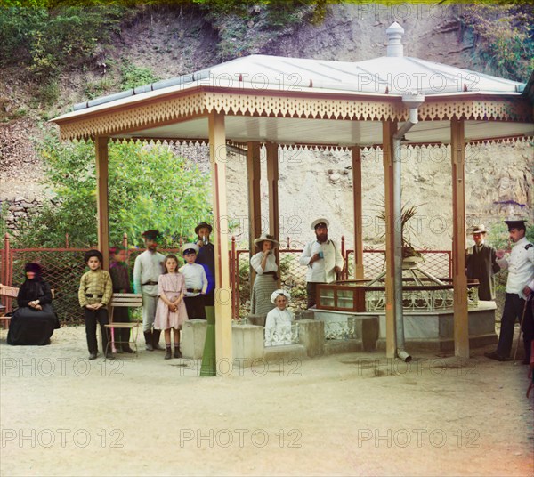 Group of People at Spa Gazebo, Some Drinking Mineral Water, Borjomi, Georgia, Russian Empire, Prokudin-Gorskii Collection, 1910