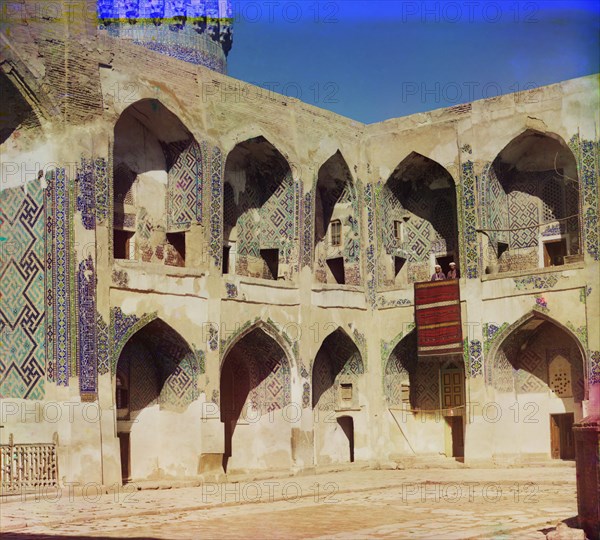 Portrait of Two Men on Balcony of Courtyard, Shir-Dor Mosque, Samarkand, Uzbekistan, Russian Empire, Prokudin-Gorskii Collection, 1910