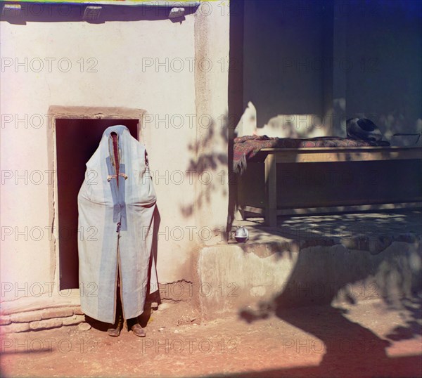 Portrait of Sart Woman Standing at Doorway, Samarkand, Uzbekistan, Russian Empire, Prokudin-Gorskii Collection, 1910