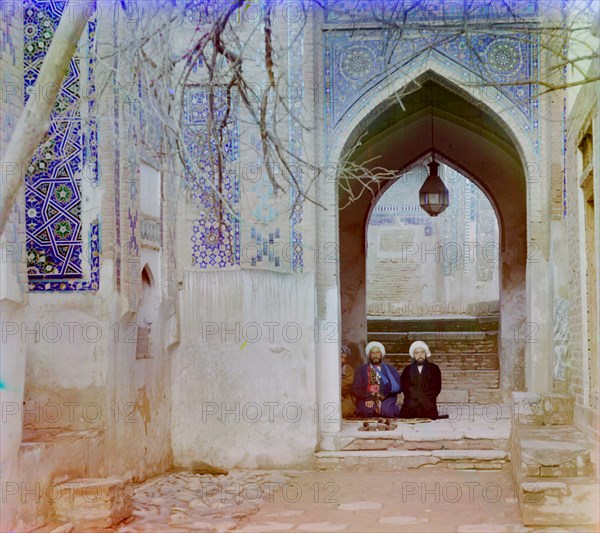 Portrait of Two Men Seated under Arch, Shah-i-Zinda Mausoleum Complex, Sarmakand, Uzbekistan, Russian Empire, Prokudin-Gorskii Collection, 1910