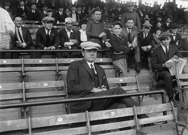 Suspended New York Yankees Baseball Player Babe Ruth, Sitting in Stands at Opening Day Game of Washington Senators versus New York Yankees, Griffith Stadium, Washington DC, USA, Harris & Ewing, April 12, 1922