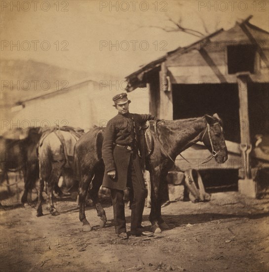 British Captain Frederick Bathurst, Grenadier Guards, Full-Length Portrait Standing in Uniform Next to Horse during Crimean War, Crimea, Ukraine, by Roger Fenton, 1855