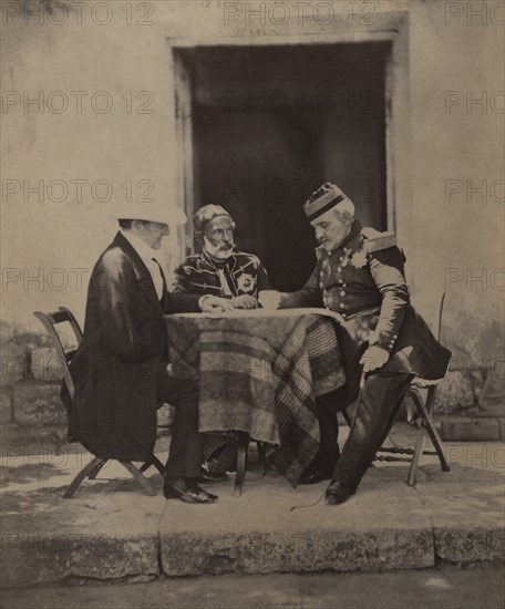 FitzRoy James Henry Somerset, 1st Baron Raglan, Omar Pacha and Aimable-Jean-Jacques Pélissier, Council of War at Lord Raglan's Headquarters after Successful Attack on Mamelon during Siege of Sevastopol, Crimean War, Crimea, Ukraine, by Roger Fenton, 1855
