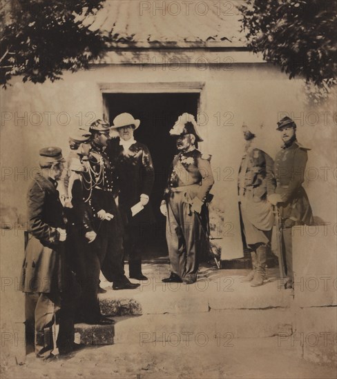 FitzRoy James Henry Somerset, 1st Baron Raglan, Standing on Steps of Headquarters with Marshal Pélissier, Lord Burghersh, Spahi & Aide-de-camp of Marshal Pélissier, Crimean War, Crimea, Ukraine, by Roger Fenton, 1855