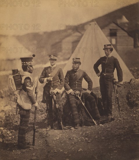 Group of the British 71st Regiment with Colour Sergeant, Portrait near Conical Tent with Military Camp in Background, Crimean War, Crimea, Ukraine, by Roger Fenton, 1855