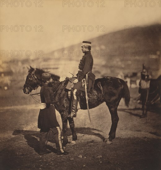British Brigadier General Lord George Paget, 4th (Queen's Own) Regiment of Light Dragoons, Full-Length Portrait Wearing Uniform, Sitting on Horse, another Officer Standing Nearby, Crimean War, Crimea, Ukraine, by Roger Fenton, 1855