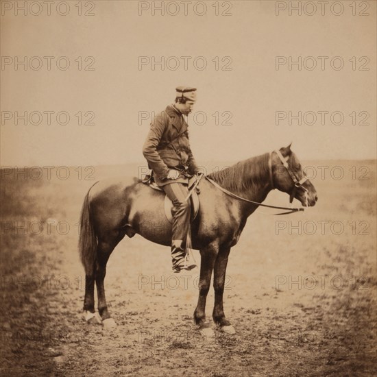 Honourable British Major Augustus Murray Cathcart, Full-Length Portrait in Uniform Sitting on Horse, Crimean War, Crimea, Ukraine, by Roger Fenton, 1855