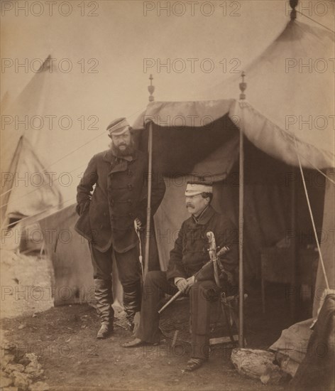 British Lieutenant General Sir John Campbell, full-length Portrait Seated inside Tent, and Captain Gustavus Hume, Full-Length Portrait Standing outside Tent, during Crimean War, Crimea, Ukraine, by Roger Fenton, 1855