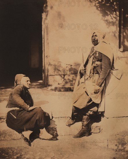 Full-Length Portrait of Seated Zouave, and Standing Spahi Officer, Portrait, Crimean War, Crimea, Ukraine, by Roger Fenton, 1855