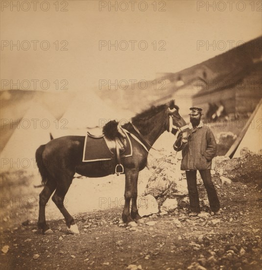British Captain John Drysdale, Full-length Portrait Holding Reins of Horse, Crimean War, Crimea, Ukraine, by Roger Fenton, 1855