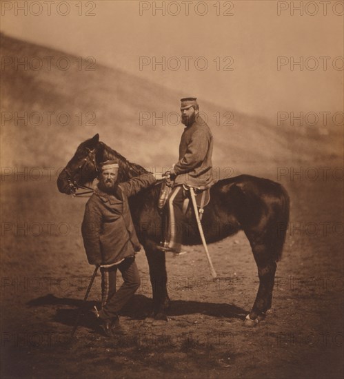 British Captain Edward Phillips and Lieutenant Yates of the 8th Hussars, Full-Length Portrait with Horse, Portrait, Crimean War, Crimea, Ukraine, by Roger Fenton, 1855