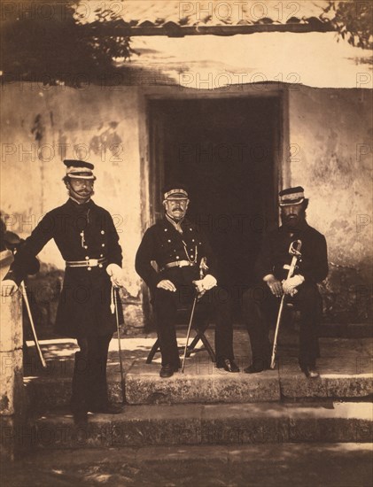 British Brigadier General Henry Frederick Lockyer (seated center, 97th Regiment of Foot, and Two Staff Members, Full-Length Portrait Wearing Uniforms in front of Building, Crimean War, Crimea, Ukraine, by Roger Fenton, 1855
