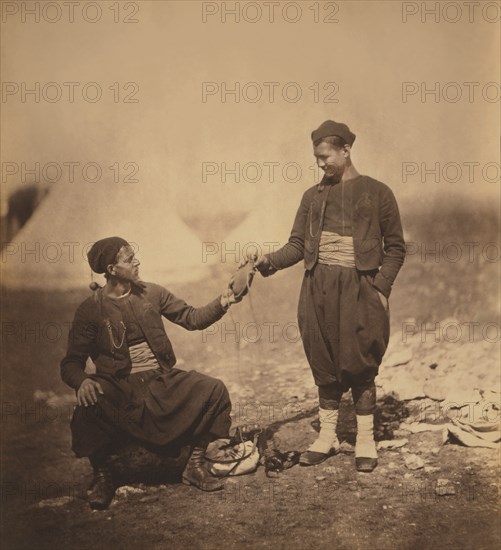 Two French Army Zouaves, Portrait Wearing Uniforms, Crimean War, Crimea, Ukraine, by Roger Fenton, 1855