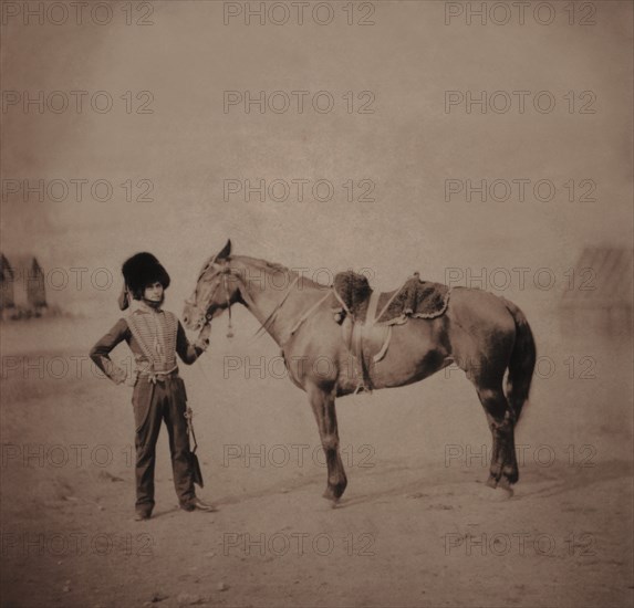 British Lieutenant Shadwell Morley Grylls, Portrait in Uniform Standing Next to Horse, Crimean War, Crimea, Ukraine, by Roger Fenton, 1855