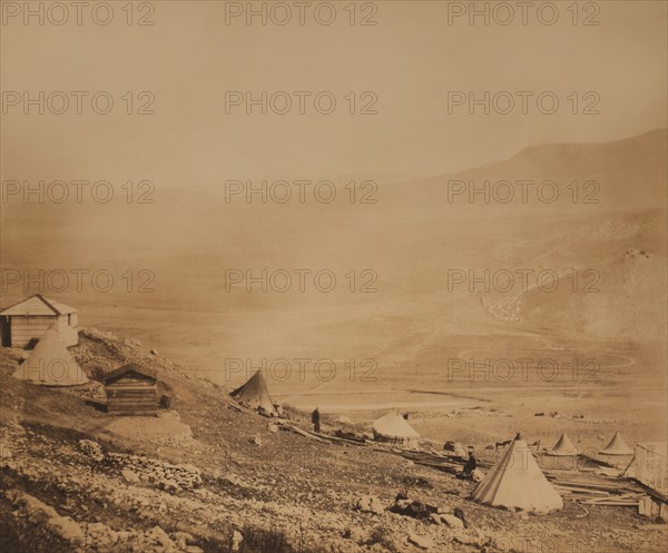 Guard's Hill British Encampment with Tents and Huts in Foreground, Additional Military Installations at Canrobert's Hill in background during Crimean War, Balaclava, Ukraine, by Roger Fenton, 1855