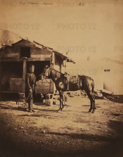 British Lieutenant-Colonel Frederick Edward Chapman, Portrait Standing in Uniform with Horse near Military Hut, Crimean War, Crimea, Ukraine, by Roger Fenton, 1855