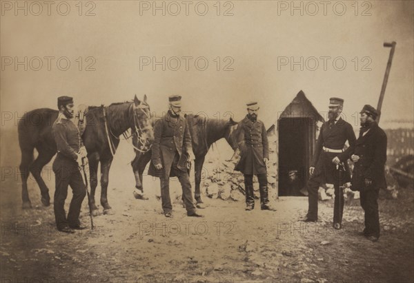 British Lieutenant-General Sir Robert Garrett and Officers of the 46th Regiment of South Devonshire, Portrait Standing near Horses, Crimean War, Crimea, Ukraine, by Roger Fenton, 1855
