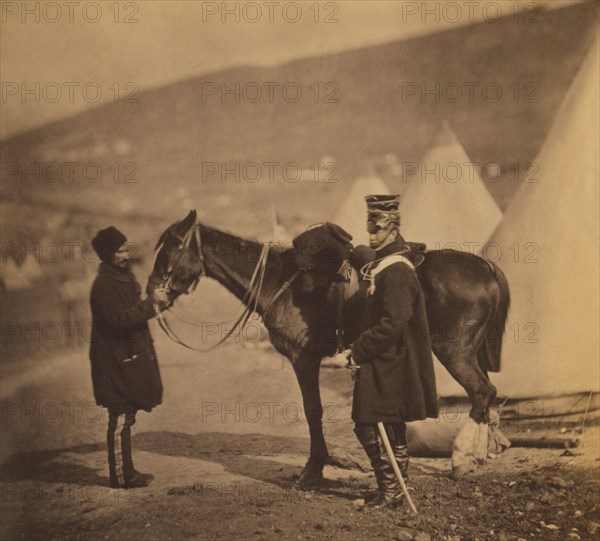 British Lieutenant William Affleck King, Portrait with Servant Standing near Horse, Crimean War, Crimea, Ukraine, by Roger Fenton, 1855