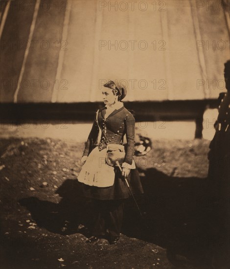 Vivandière, Full-length Portrait of French Cantinière Wearing Zouave Regiment Dress, Crimean War, Crimea, Ukraine, by Roger Fenton, 1855