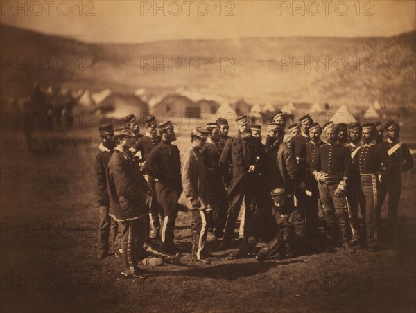 Group of British Officers and Soldiers of the 13th Dragoon Guards, including Colonel Charles Doherty, Cornet Danzil Chamberlayne, Captain Soame Jenyns, and Veterinary-Surgeon Thomas Towers, Tents and Huts in Background, Crimean War, Crimea, Ukraine, by Roger Fenton, 1855