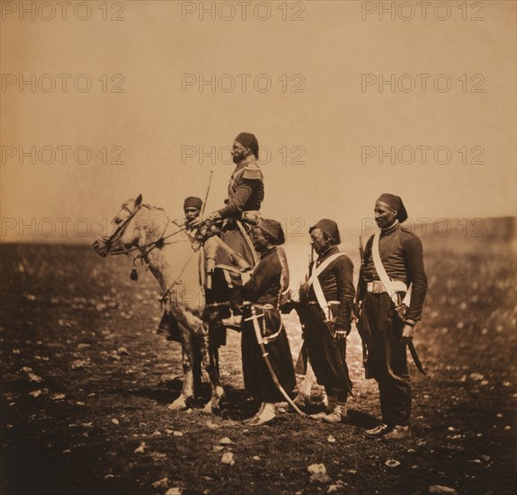 Hungarian General Gyorgy Kmety, (aka Ismail Pasha), Full-Length Portrait Seated on Horse, with Four Attendants, Crimean War, Crimea, Ukraine, by Roger Fenton, 1855