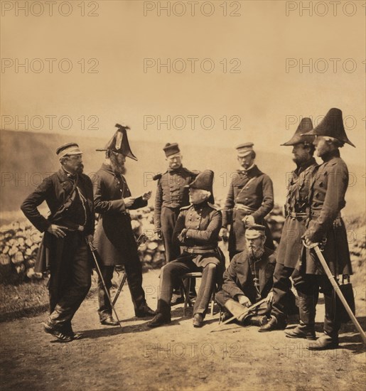 British Lieutenant General Sir George Brown and Officers of his Staff, Major Edmund Hallewell, Colonel Studholme Brownrigg, Colonel James Airey, Captains Richard Pearson, William Thomas Markham & Arthur Ponsonby, Portrait, Crimean War, Crimea, Ukraine, by Roger Fenton, 1855