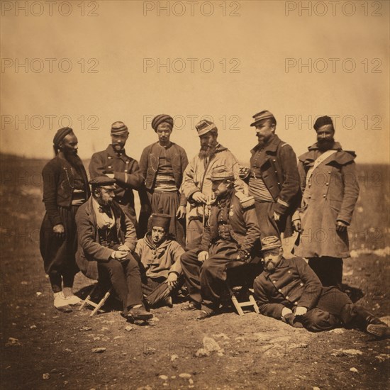 French General Cissé and group of Officers and Soldiers, Portrait in Various Styles of Uniforms; a Zouave Stands at Left, Crimean War, Crimea, Ukraine, by Roger Fenton, 1855