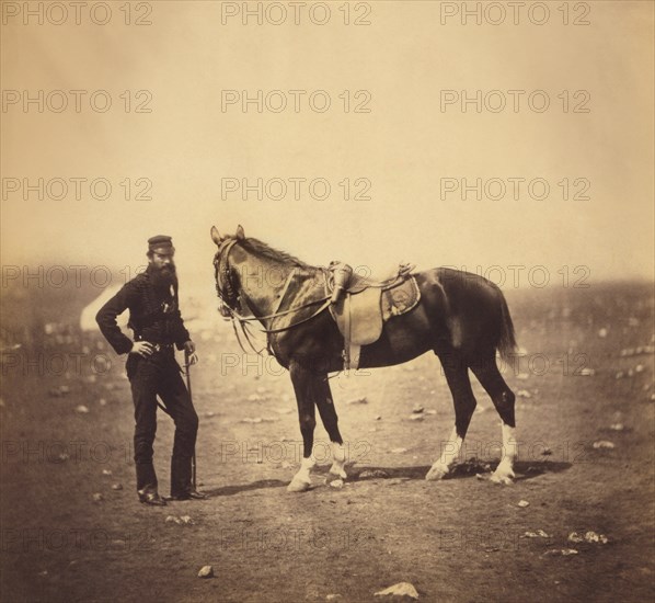 British Major Charles Woodford, Rifle Brigade, Full-Length Portrait Standing next to Horse, Crimean War, Crimea, Ukraine, by Roger Fenton, 1855