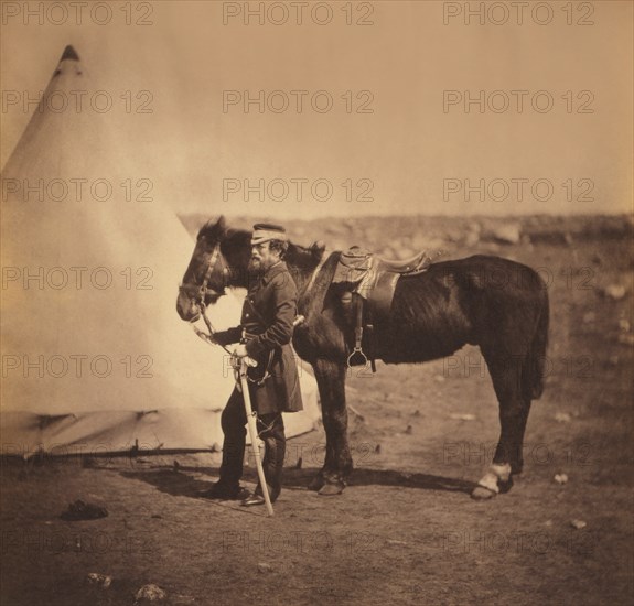 British Captain Arthur John Layard, Full-Length Standing Portrait in Uniform next to Horse, Crimean War, Crimea, Ukraine, by Roger Fenton, 1855