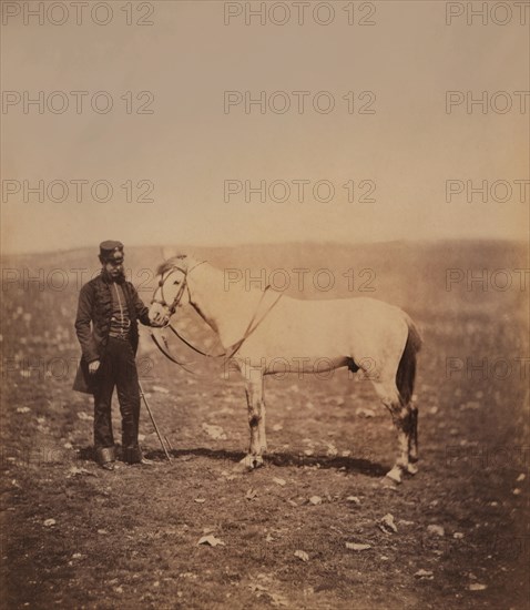 British Captain Edward Stanton, Full-Length Portrait in Uniform Standing Next to Horse, Crimean War, Crimea, Ukraine, by Roger Fenton, 1855