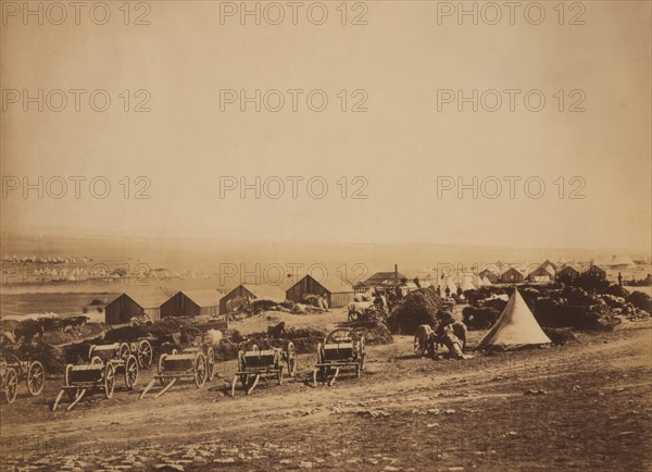 Artillery Wagons and Buildings at British Military Camp with View towards Balaklava, Crimean War, Crimea, Ukraine, by Roger Fenton, 1855