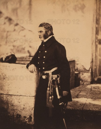 British Major General James Bucknall Estcourt, Three-Quarter Length Portrait, Leaning Against Wall, Crimean War, Crimea, Ukraine, by Roger Fenton, 1855