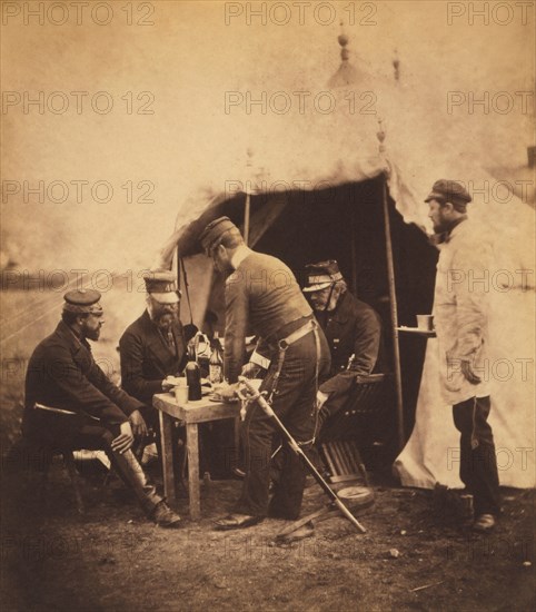 British Brigadier General Sir Robert Garrett with Officers of the 46th South Devonshire Regiment, Portrait Dining outside Military Tent, Crimean War, Crimea, Ukraine, by Roger Fenton, 1855