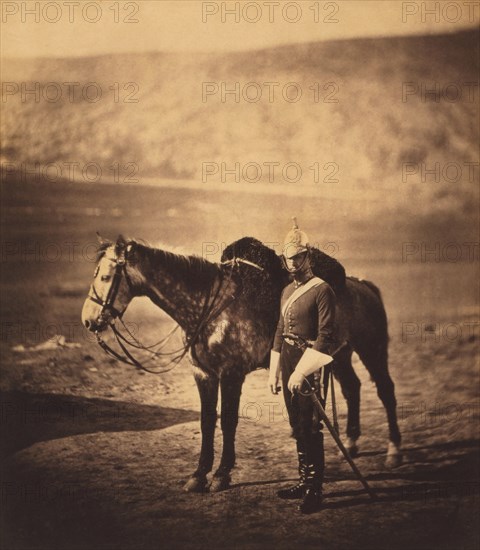 British Captain Charles Augustus Drake Halford, 5th Dragoon Guards, Full-Length Standing Portrait in Uniform next to Horse, Crimean War, Crimea, Ukraine, by Roger Fenton, 1855