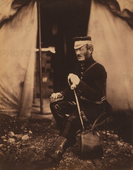 British Colonel Richard Wilbraham, Seated Portrait in Uniform with Sword and Binoculars, Crimean War, Crimea, Ukraine, by Roger Fenton, 1855