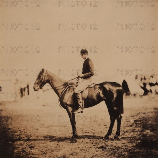 British Captain Frederick Morgan, Rifle Corps, A.D.C. to General Bernard, on Coxcomb, Winner of Crimean Races, Property of Captain Barnard, Grenadier Guards, Crimean War, Crimea, Ukraine, by Roger Fenton, 1855