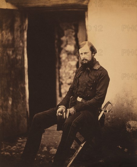 British Lieutenant-Colonel Prince William Augustus Edward of Saxe-Weimar, Full-Length Seated Portrait in Uniform, Crimean War, Crimea, Ukraine, by Roger Fenton, 1855