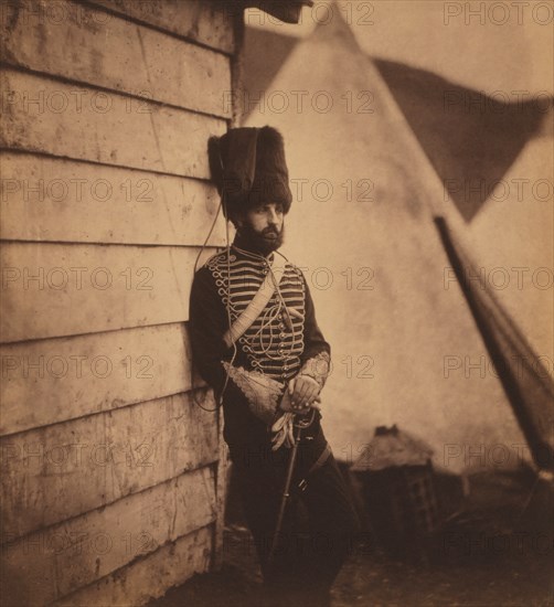 British Captain Thomas Longworth Dames, Three-Quarter Length Portrait in Uniform Standing near Military Tent, Crimean War, Crimea, Ukraine, by Roger Fenton, 1855